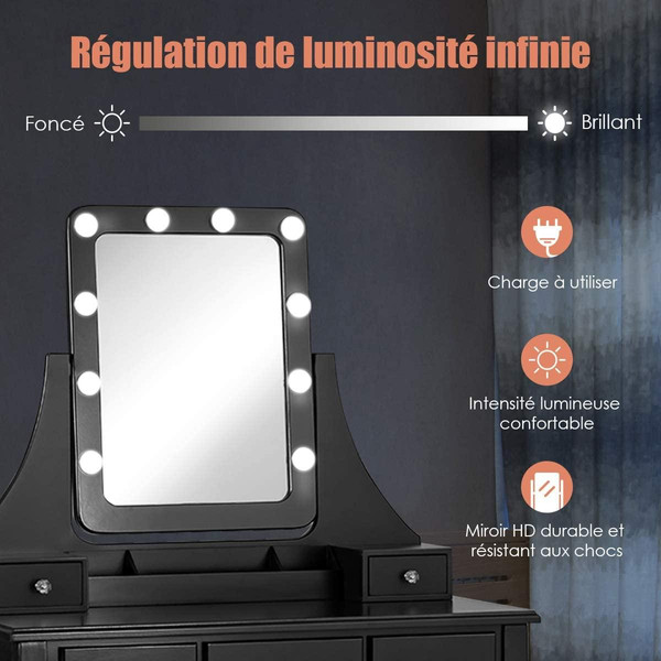Coiffeuse GIANTEX Coiffeuse, Table de Maquillage avec 10 Ampoules LED à Intensité Variable Tabouret avec 5 Tiroirs et Boîtes de Rangement Amovibles Noir