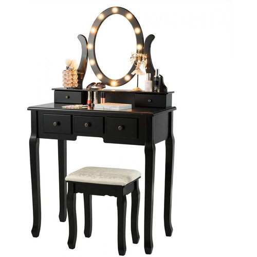 GIANTEX - GIANTEX Coiffeuse,Table de Maquillage avec Miroir Ovale Rotative en Bois avec 5 Tiroirs,12 Ampoules de Miroir 80 x 40 x 142CM Noir GIANTEX   - GIANTEX