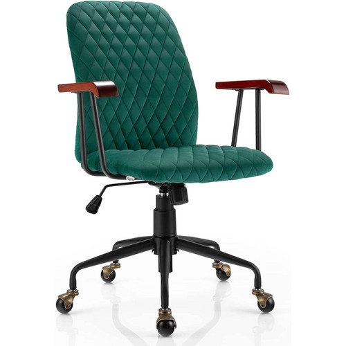 GIANTEX -GIANTEX fauteuil de bureau à roulette en velours, chaise pivotante réglable,style vintage elégant,accoudoirs en bois de caoutchouc, vert GIANTEX  - Mobilier de bureau Vert