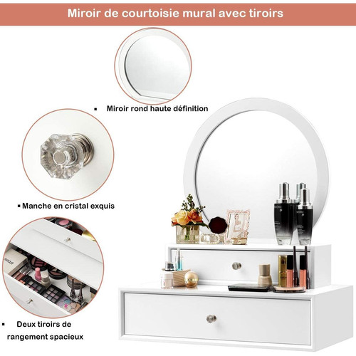 Coiffeuse GIANTEX Miroir de Maquillage sur Coiffeuse, avec 2 Tiroirs Amovible pour Ranger Cosmétiques Montage sur Table ou Mural,Convient