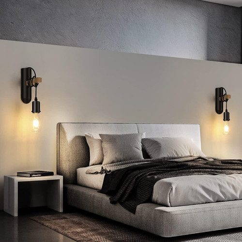 Goeco Appliques en bois E27, Applique murale rétro LED, Lampe de chevet mural pour Salle de coucher, Salon, Escalier, max 40W