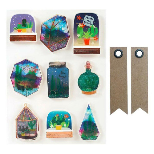 Graines Creatives - 9 stickers 3D Succulentes en bocal + 20 étiquettes kraft Fanion Graines Creatives  - Décoration chambre enfant