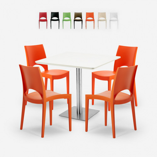 Tables à manger Grand Soleil Ensemble 4 Chaises Empilables Table Blanc 90x90cm Bar Horeca Prince White, Couleur: Orange