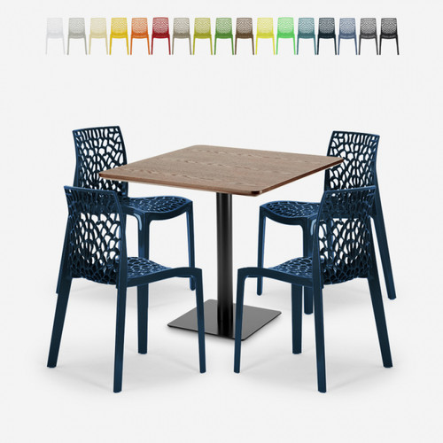 Grand Soleil - Ensemble Table Bois Métal Horeca 90x90cm 4 Chaises Design Empilables Dustin, Couleur: Bleu Foncé Grand Soleil  - Pied central pour table