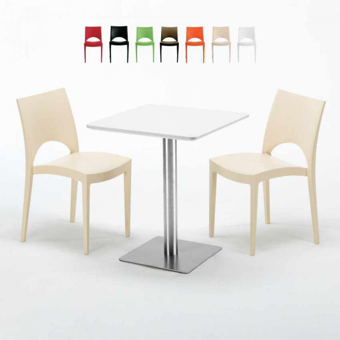 Grand Soleil Table carrée 60x60 plateau blanc avec 2 chaises colorées Paris Hazelnut, Couleur: Beige