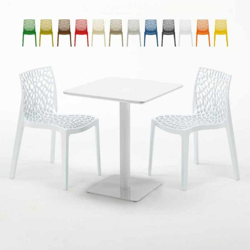 Grand Soleil - Table carrée 60x60 blanche avec 2 chaises colorées Gruvyer Lemon, Couleur: Blanc Grand Soleil  - Table carree blanche