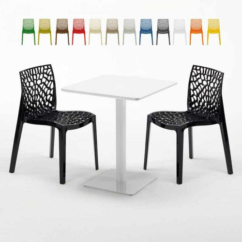 Grand Soleil - Table carrée 60x60 blanche avec 2 chaises colorées Gruvyer Lemon, Couleur: Noir Grand Soleil  - Table carree blanche