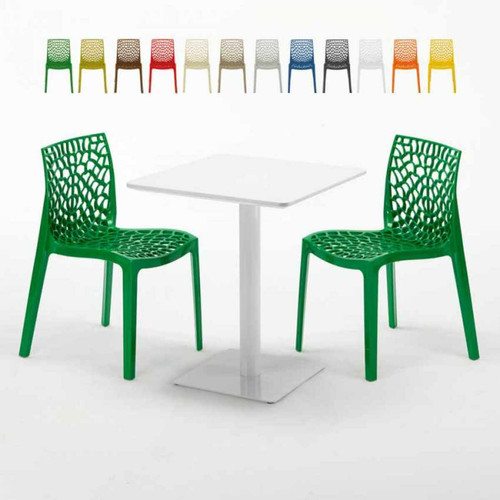Grand Soleil - Table carrée 60x60 blanche avec 2 chaises colorées Gruvyer Lemon, Couleur: Vert Grand Soleil  - Table carree blanche