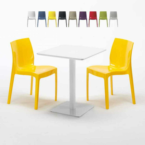 Grand Soleil - Table carrée 60x60 blanche avec 2 chaises colorées Ice Lemon, Couleur: Jaune Grand Soleil  - Table carree blanche