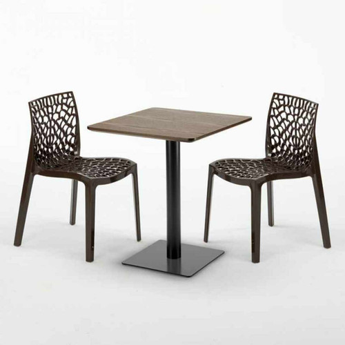 Grand Soleil Table carrée 60x60 pied noir et surface bois avec 2 chaises colorées Gruvyer Kiss, Couleur: Marron