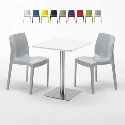 Grand Soleil - Table carrée 60x60 plateau blanc avec 2 chaises colorées Ice Hazelnut, Couleur: Gris Grand Soleil  - Maison Or