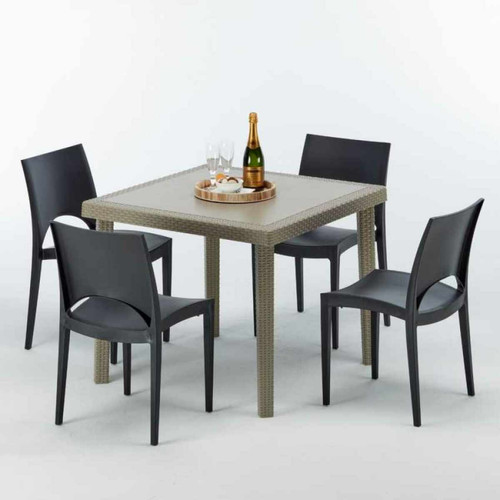 Grand Soleil - Table carrée beige + 4 chaises colorées Poly rotin synthétique Elegance, Chaises Modèle: Paris Noir anthracite Grand Soleil  - Salon de Jardin Mobilier de jardin