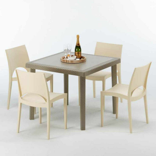 Grand Soleil - Table carrée beige + 4 chaises colorées Poly rotin synthétique Elegance, Chaises Modèle: Paris Beige ivoire Grand Soleil  - Ensembles tables et chaises Carrée