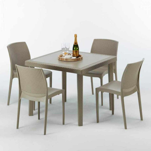 Grand Soleil - Table carrée beige + 4 chaises colorées Poly rotin synthétique Elegance, Chaises Modèle: Boheme Beige Juta Grand Soleil  - Ensembles tables et chaises Carrée