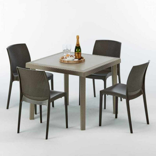 Ensembles tables et chaises Grand Soleil Table carrée beige + 4 chaises colorées Poly rotin synthétique Elegance, Chaises Modèle: Boheme Marron Moka