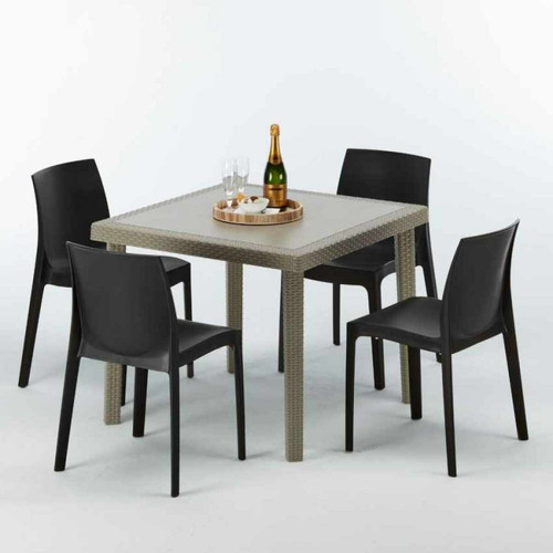 Grand Soleil - Table carrée beige + 4 chaises colorées Poly rotin synthétique Elegance, Chaises Modèle: Rome Anthracite noir Grand Soleil  - Ensembles tables et chaises Carrée