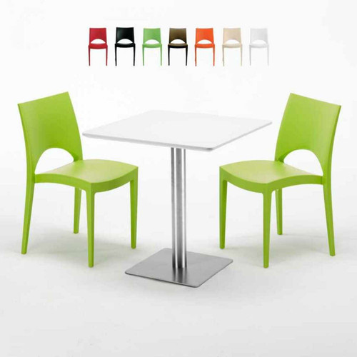 Grand Soleil - Table carrée blanche 70x70 avec pied en acier et 2 chaises colorées Paris Strawberry, Couleur: Vert Grand Soleil - Pied carre