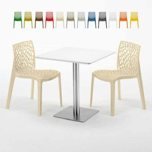 Grand Soleil - Table carrée blanche 70x70 avec pied en acier et 2 chaises colorées Gruvyer STRAWBERRY, Couleur: Beige Grand Soleil  - Pied carre
