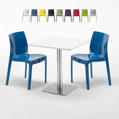 Tables à manger Grand Soleil Table carrée blanche 70x70 avec pied en acier et 2 chaises colorées Ice Strawberry, Couleur: Bleu