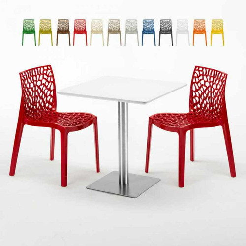 Grand Soleil - Table carrée blanche 70x70 avec pied en acier et 2 chaises colorées Gruvyer STRAWBERRY, Couleur: Rouge Grand Soleil  - Table a manger avec chaises