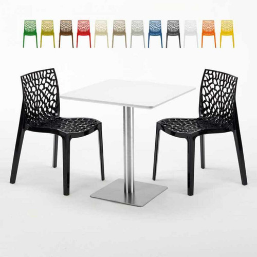 Grand Soleil - Table carrée blanche 70x70 avec pied en acier et 2 chaises colorées Gruvyer STRAWBERRY, Couleur: Noir Grand Soleil  - Table a manger avec chaises