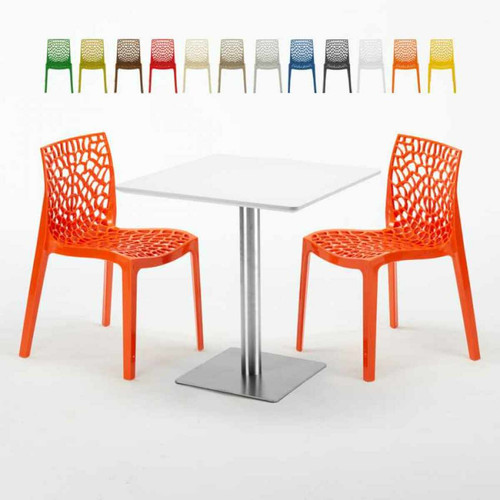 Grand Soleil - Table carrée blanche 70x70 avec pied en acier et 2 chaises colorées Gruvyer STRAWBERRY, Couleur: Orange Grand Soleil  - Table carree blanche