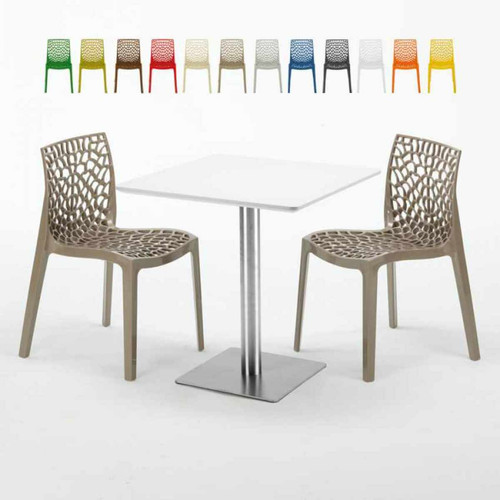 Grand Soleil - Table carrée blanche 70x70 avec pied en acier et 2 chaises colorées Gruvyer STRAWBERRY, Couleur: Beige Juta Grand Soleil  - Table carree blanche