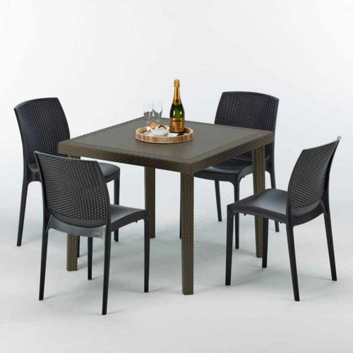 Grand Soleil - Table carrée et 4 chaises colorées Poly-rotin résine 90x90 marron, Chaises Modèle: Boheme Anthracite noir Grand Soleil  - Ensembles tables et chaises Carrée
