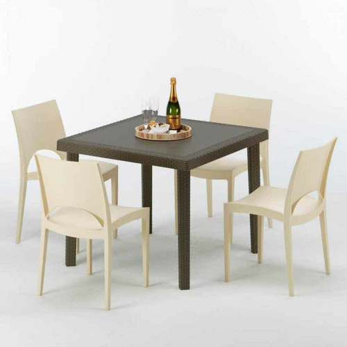 Grand Soleil - Table carrée et 4 chaises colorées Poly-rotin résine 90x90 marron, Chaises Modèle: Paris Beige ivoire Grand Soleil - Salon de Jardin Noir Mobilier de jardin