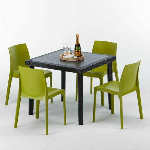 Grand Soleil Table Carrée Noire 90x90cm Avec 4 Chaises Colorées Grand Soleil Set Extérieur Bar Café Rome Passion, Couleur: Anis vert