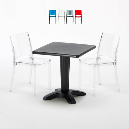 Ensembles tables et chaises Grand Soleil Table et 2 chaises colorées polycarbonate extérieurs Grand Soleil Caffè, Chaises Modèle: B-Side Transparent, Couleur de la table: Noir