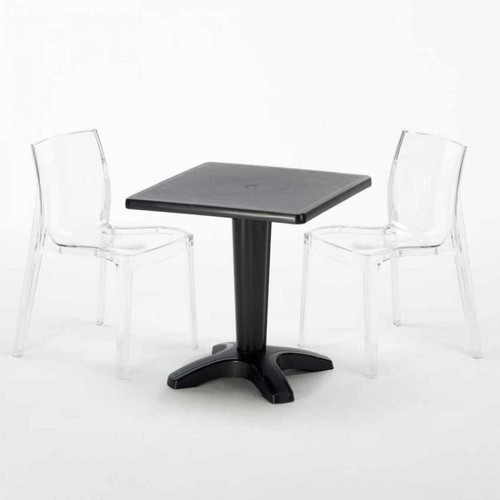 Grand Soleil Table et 2 chaises colorées polycarbonate extérieurs Grand Soleil Caffè, Chaises Modèle: Femme Fatale Trasparente, Couleur de la table: Noir