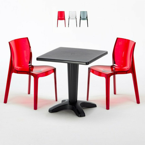 Grand Soleil - Table et 2 chaises colorées polycarbonate extérieurs Grand Soleil Caffè, Chaises Modèle: Femme Fatale Rouge transparent, Couleur de la table: Noir Grand Soleil  - Ensembles tables et chaises Carrée