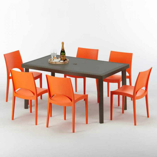 Grand Soleil - Table rectangulaire 6 chaises Poly rotin resine 150x90 marron Focus, Chaises Modèle: Paris orange Grand Soleil  - Ensembles tables et chaises Grand Soleil