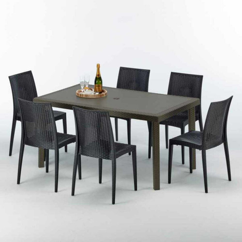 Grand Soleil - Table rectangulaire 6 chaises Poly rotin resine 150x90 marron Focus, Chaises Modèle: Bistrot Anthracite noir Grand Soleil - Grand Soleil