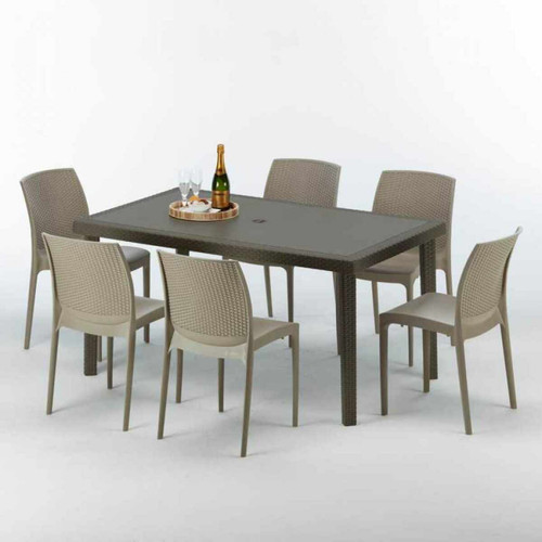 Grand Soleil - Table rectangulaire 6 chaises Poly rotin resine 150x90 marron Focus, Chaises Modèle: Boheme Beige Juta Grand Soleil  - Grand Soleil