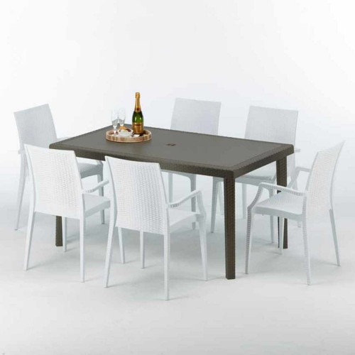 Grand Soleil - Table rectangulaire 6 chaises Poly rotin resine 150x90 marron Focus, Chaises Modèle: Bistrot Arm Blanc Grand Soleil  - Chaise rotin blanc