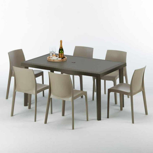 Grand Soleil - Table rectangulaire 6 chaises Poly rotin resine 150x90 marron Focus, Chaises Modèle: Rome Beige Juta Grand Soleil  - Mobilier de jardin Grand Soleil