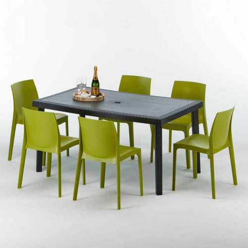 Grand Soleil - Table rectangulaire et 6 chaises Poly rotin colorées 150x90cm noir Enjoy, Chaises Modèle: Rome Anis vert Grand Soleil  - Ensembles tables et chaises Grand Soleil