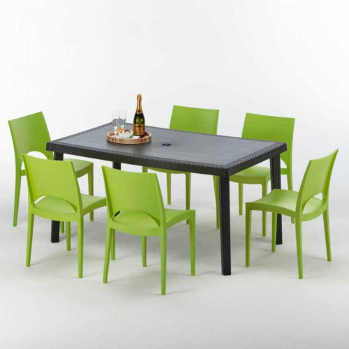 Grand Soleil - Table rectangulaire et 6 chaises Poly rotin colorées 150x90cm noir Enjoy, Chaises Modèle: Paris Vert Grand Soleil  - Grand Soleil