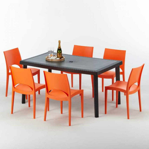 Grand Soleil - Table rectangulaire et 6 chaises Poly rotin colorées 150x90cm noir Enjoy, Chaises Modèle: Paris orange Grand Soleil  - Ensembles tables et chaises Grand Soleil