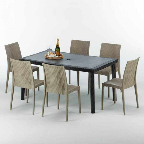 Grand Soleil - Table rectangulaire et 6 chaises Poly rotin colorées 150x90cm noir Enjoy, Chaises Modèle: Bistrot Beige Juta Grand Soleil  - Poly rotin