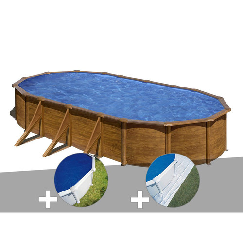 Gre - Kit piscine acier aspect bois Gré Pacific ovale 7,44 x 3,99 x 1,22 m + Bâche à bulles + Tapis de sol Gre  - Piscines