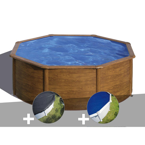 Gre - Kit piscine acier aspect bois Gré Pacific ronde 3,70 x 1,22 m + Bâche d'hivernage + Bâche à bulles Gre  - Gre