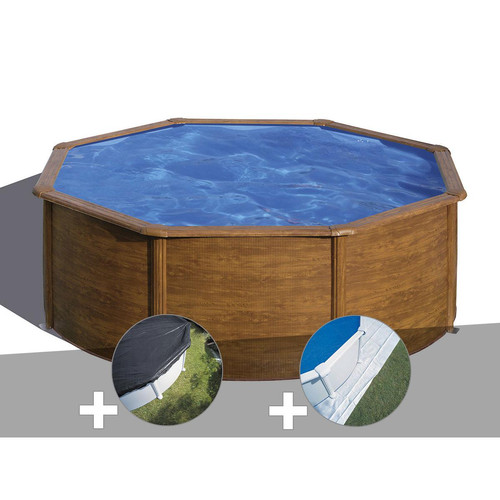 Gre - Kit piscine acier aspect bois Gré Pacific ronde 3,70 x 1,22 m + Bâche d'hivernage + Tapis de sol Gre  - Piscines acier et résine
