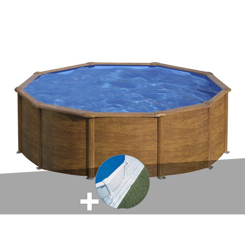 Gre - Kit piscine acier aspect bois Gré Pacific ronde 4,80 x 1,22 m + Tapis de sol Gre  - Piscines acier et résine
