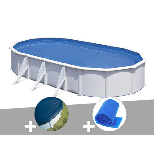 Gre - Kit piscine acier blanc Gré Fidji ovale 7,44 x 3,99 x 1,22 m + Bâche hiver + Bâche à bulles - Gre
