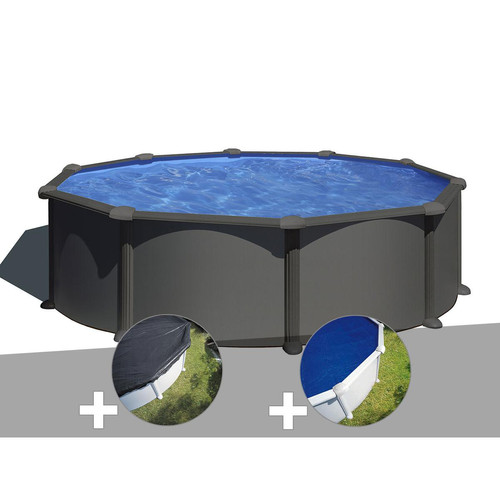 Gre - Kit piscine acier gris anthracite Gré Juni ronde 4,80 x 1,32 m + Bâche d'hivernage + Bâche à bulles Gre  - Piscines acier et résine