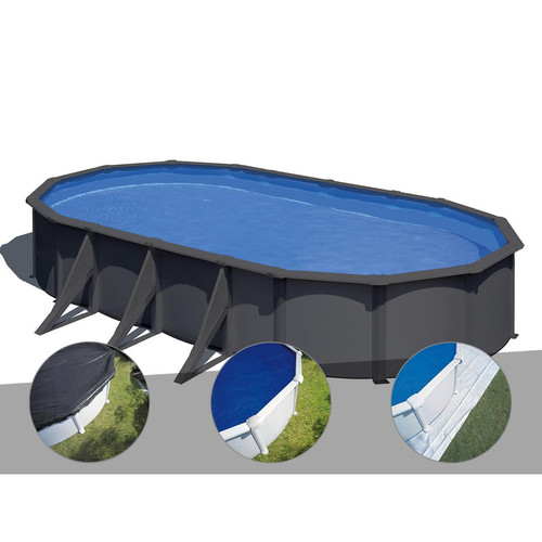 Gre - Kit piscine acier gris anthracite Gré Louko ovale 7,44 x 3,99 x 1,22 m + Bâche d'hivernage + Bâche à bulles + Tapis de sol - Gre