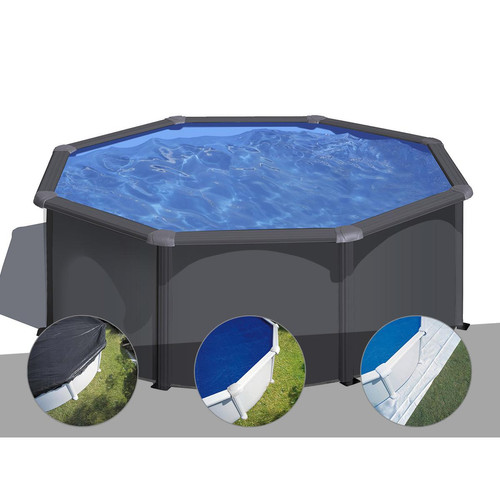 Gre - Kit piscine acier gris anthracite Gré Louko ronde 3,20 x 1,22 m + Bâche d'hivernage + Bâche à bulles + Tapis de sol Gre  - Bache a bulle piscine ronde